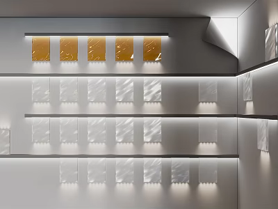 Downlights and Spotlights Illuminating Modern Display Space with Sleek Shelves and Panels 3d model