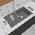 Stainless Steel Kitchen Sink with Faucet Drainer Rack and Glasses on White Countertop with Cabinets