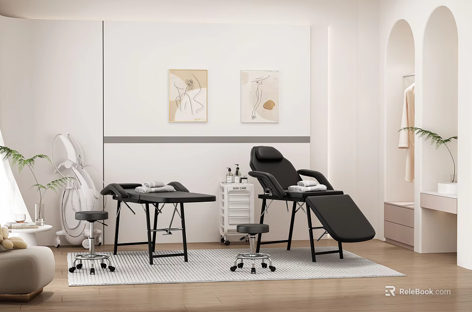 Massage Chair in Modern Interior Space with Ergonomic Design Side Table and Decorative Wall Art Plants 3d model 