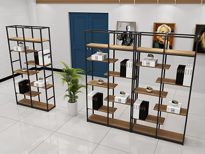 Modern Open Bookshelf Design With Metal Frame Wooden Shelves And Decorative Plant Artworks 3d model