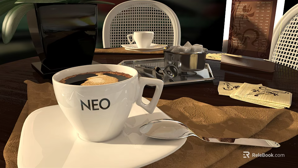 White NEO Coffee Cup With Foam On Table And Sugar Cubes Spoon Chair 3d model 