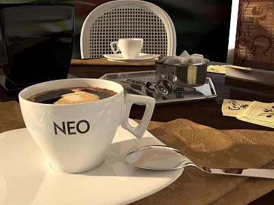 White NEO Coffee Cup With Foam On Table And Sugar Cubes Spoon Chair 3d model