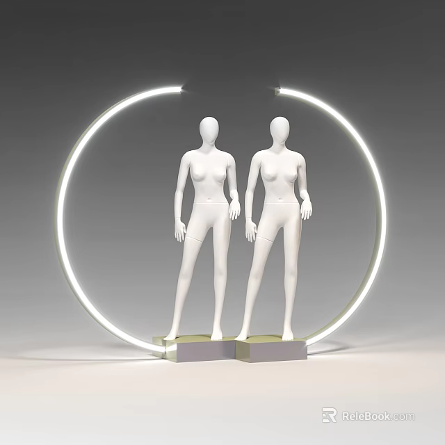 Two White Mannequins Standing in Illuminated Circular Ring Display Setting 3d model