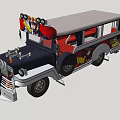 Cartoon Style Open Top Wagon Bus With Decorative Lights And Red Interior