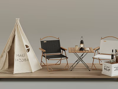 Camping Tent Setup With Folding Chairs Folding Table Lantern And Wooden Crate 3d model
