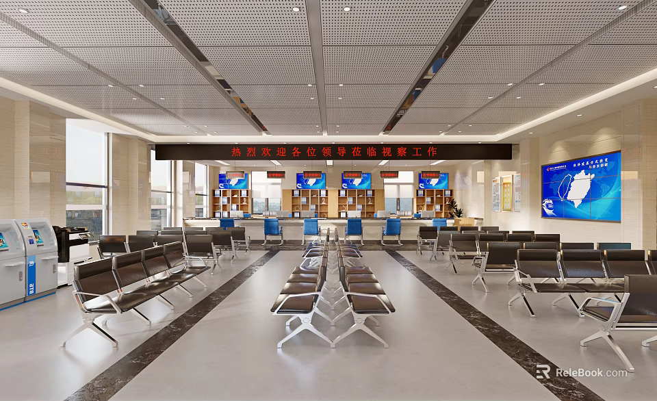 Modern Government Service Hall With Service Windows Seats And Bright Spacious Interior 3d model 