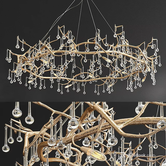 Elegant Modern Golden Branch Chandelier With Hanging Crystal Pendants Design 3d model 