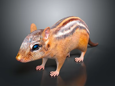 Chipmunk With Brown And White Stripes Large Blue Eyes Standing On Black Background With Reflection 3d model