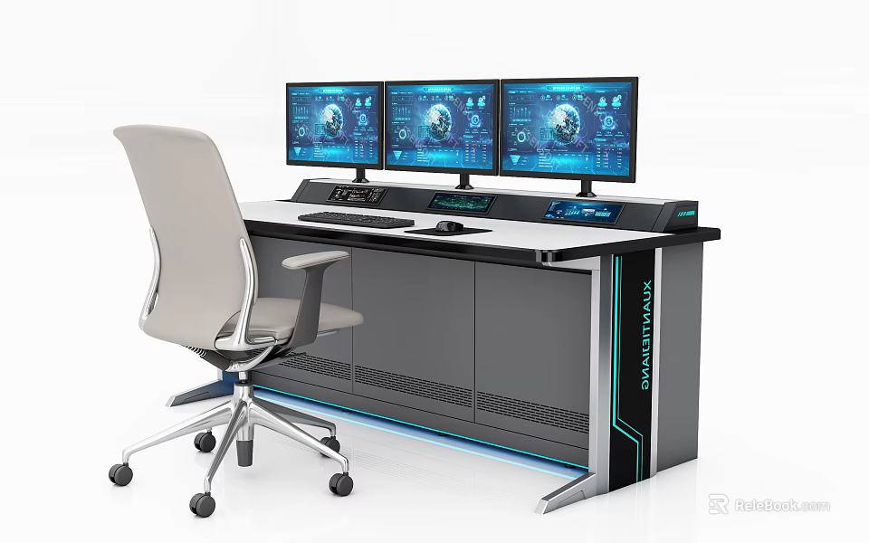 Modern Functional Desk With Three Monitors And Office Chair For Smart Workstation 3d model 