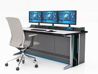 Modern Functional Desk With Three Monitors And Office Chair For Smart Workstation 3d model