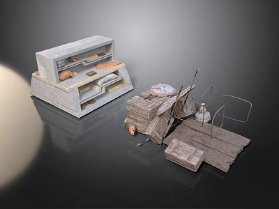 Model Scene Components Featuring Grey Storage Shelves Orange Items Wooden Platform And Metal Frame 3d model