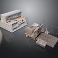 Model Scene Components Featuring Grey Storage Shelves Orange Items Wooden Platform And Metal Frame