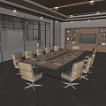 Modern Conference Room With Long Table Beige Chairs Blinds And Potted Plants