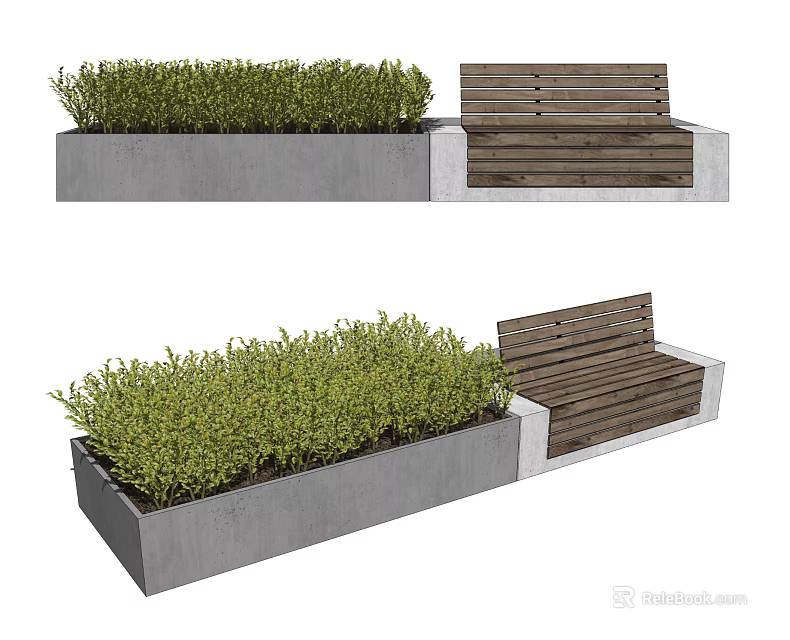 Stylish Outdoor Bench With Wooden Slats Concrete Base And Green Bushes 3d model 