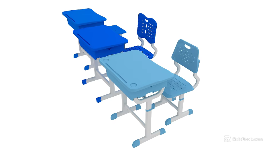 Blue And Light Blue Children's School Classroom Desks And Chairs Set 3d model 