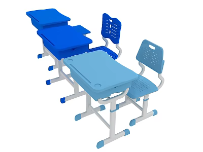 Blue And Light Blue Children's School Classroom Desks And Chairs Set 3d model