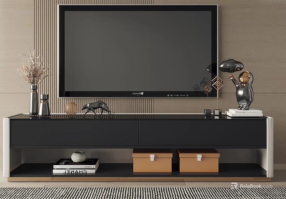 Modern TV Stand With Large TV Decorative Items Storage Boxes Table Lamp And Striped Wall 3d model 
