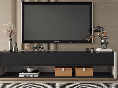 Modern TV Stand With Large TV Decorative Items Storage Boxes Table Lamp And Striped Wall 3d model