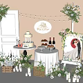 Wedding Decoration Setup With Cake Wine Bottles Floral Decor And Bride Groom Painting