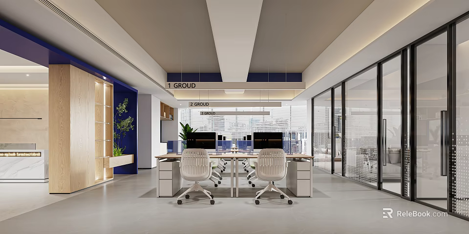 Modern Office Interior Design Open Workspace With Desks Ergonomic Chairs Glass Partitions And Green Plants 3d model 