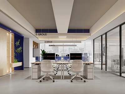Modern Office Interior Design Open Workspace With Desks Ergonomic Chairs Glass Partitions And Green Plants 3d model