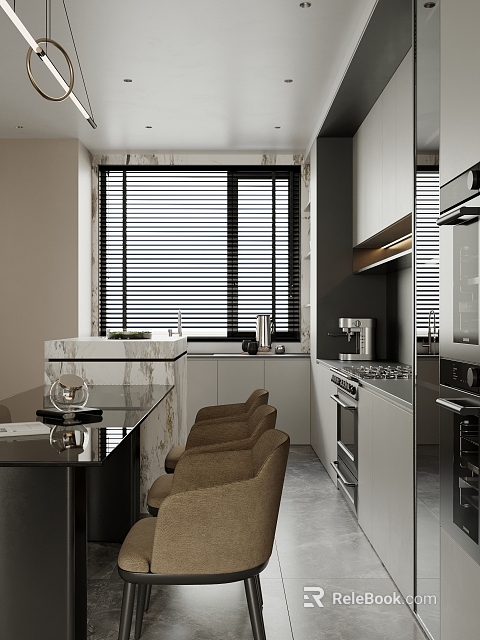 Modern Restaurant Kitchen With Open Design Marble Counter And Brown Chairs 3d model 