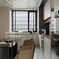 Modern Restaurant Kitchen With Open Design Marble Counter And Brown Chairs