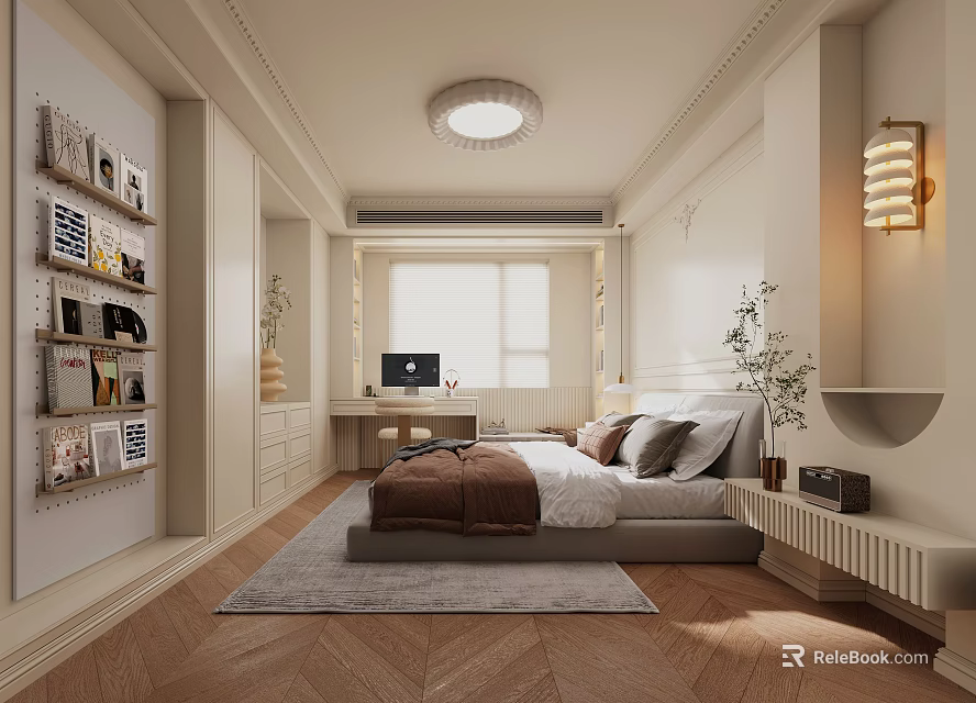 Elegant Bedroom Interior With Bed Desk Window Ceiling Light And Herringbone Wooden Floor 3d model 