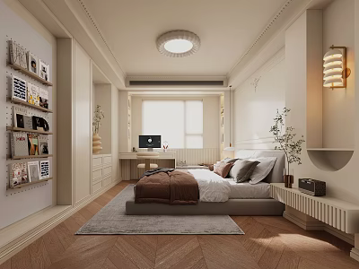 Elegant Bedroom Interior With Bed Desk Window Ceiling Light And Herringbone Wooden Floor 3d model