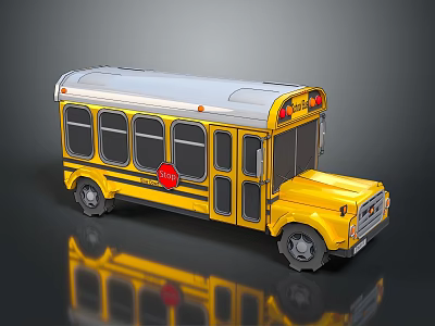 Yellow School Bus With Silver Roof Red Stop Sign Windows Black Wheels And Shiny Reflection 3d model