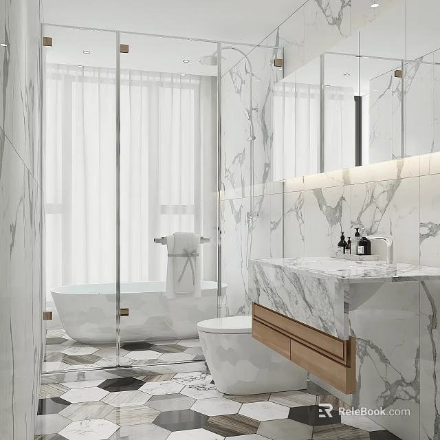 Modern Luxurious Bathroom Interior With Marble Walls Vanity Mirror Wooden Drawers And Bathtub 3d model 