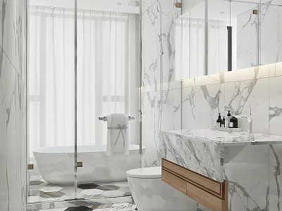 Modern Luxurious Bathroom Interior With Marble Walls Vanity Mirror Wooden Drawers And Bathtub 3d model