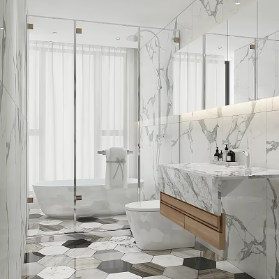 Modern Luxurious Bathroom Interior With Marble Walls Vanity Mirror Wooden Drawers And Bathtub 3d model