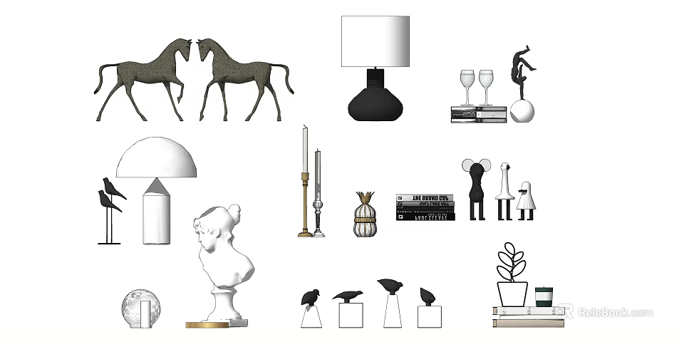 Stylish Decorative Ornament Collection With Horses Lamp Sculpture Wine Glasses And Home Figurines 3d model 
