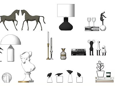 Stylish Decorative Ornament Collection With Horses Lamp Sculpture Wine Glasses And Home Figurines 3d model