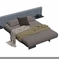 Modern Double Bed With Gray Mattress Blue Headboard Brown Blanket And Black Pillow