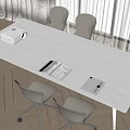 White Minimalist Desk Featuring Projector Open Notebook Notepad And Gray Chairs On Herringbone Floor 3d model
