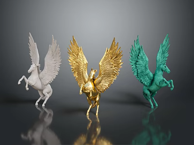 Three Colorful Pegasus Sculptures Displayed in White Golden and Green Hues 3d model