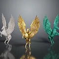 Three Colorful Pegasus Sculptures Displayed in White Golden and Green Hues