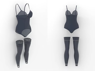 Women's Dark Bodysuit With Thin Straps And High Waist Lace Trim Stockings 3d model