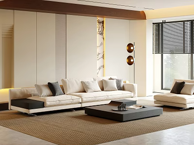 Modern Living Room Interior With Beige Sofa Black Coffee Table Floor Lamp And Rug 3d model