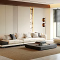 Modern Living Room Interior With Beige Sofa Black Coffee Table Floor Lamp And Rug