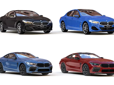 Stylish Sports Cars in Black Blue and Red Colors on White Background 3d model