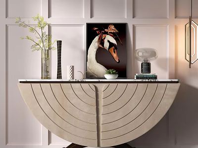 Modern Elegant Console Table With Curved Lines Swan Artwork Vase Books And Table Lamp 3d model