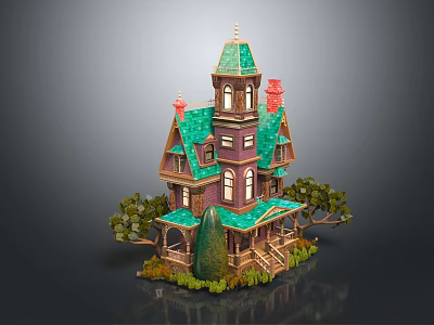 Colorful Cartoon Fairy Tale House With Multi Story Green Roof Tower Windows And Surrounding Trees 3d model