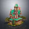 Colorful Cartoon Fairy Tale House With Multi Story Green Roof Tower Windows And Surrounding Trees
