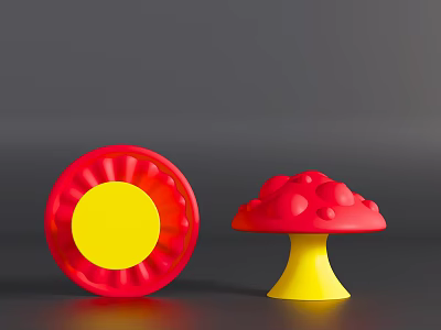 Red And Yellow Mushroom Shaped Dolls With Circular Yellow Center And Bumpy Cap Design 3d model