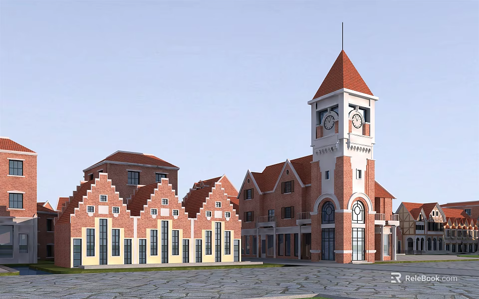 European Style Commercial Street With Red Brick Buildings And Clock Tower Plaza 3d model 