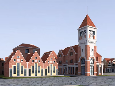 European Style Commercial Street With Red Brick Buildings And Clock Tower Plaza 3d model