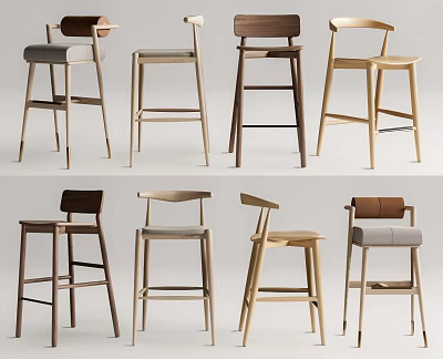 Various Modern Bar Stools With Wooden Frames Different Upholstered Seats And Stylish Designs 3d model